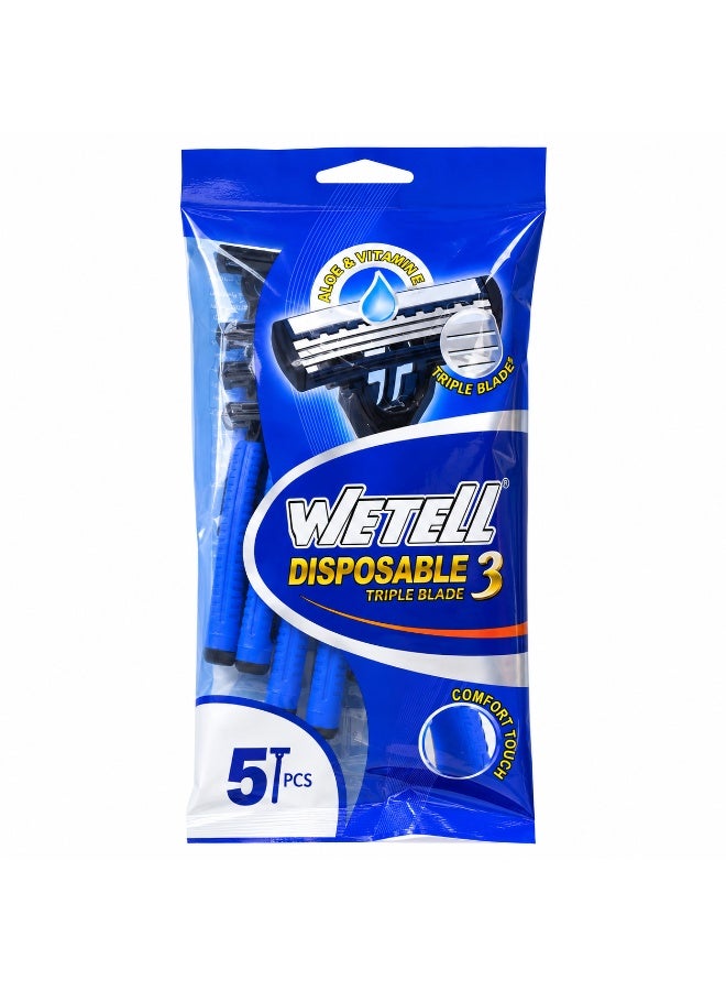 Wetell DisposableTriple Blade Mens Razor With Aloe & Vitamin E (Pack of 5 Razors) WT2829 - Image 1