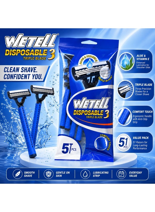Wetell DisposableTriple Blade Mens Razor With Aloe & Vitamin E (Pack of 5 Razors) WT2829 - Image 3