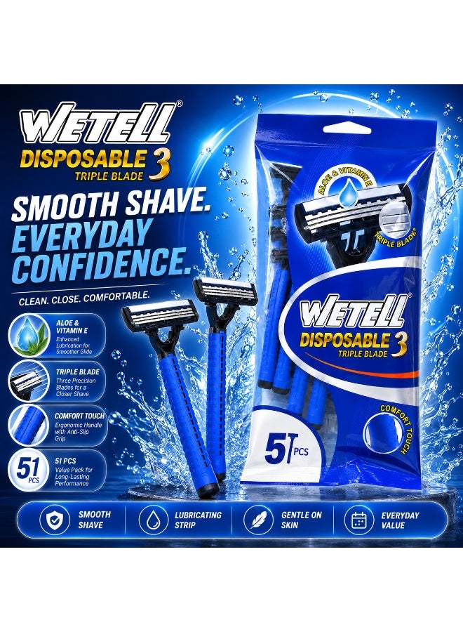 Wetell DisposableTriple Blade Mens Razor With Aloe & Vitamin E (Pack of 5 Razors) WT2829 - Image 4