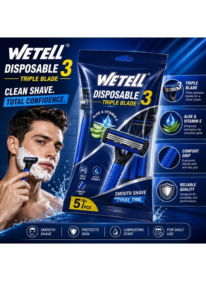 Wetell DisposableTriple Blade Mens Razor With Aloe & Vitamin E (Pack of 5 Razors) WT2829 - Image 5