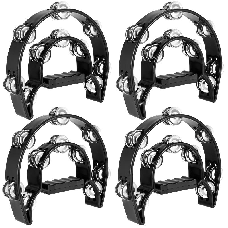 MUKLEI 4 Pack 9 Inch Double Row Tambourine Half Moon Musical Tambourine Metal Jingles Hand Held Percussion Drum with Ergonomic Handle Grip for KTV Party Gift Black