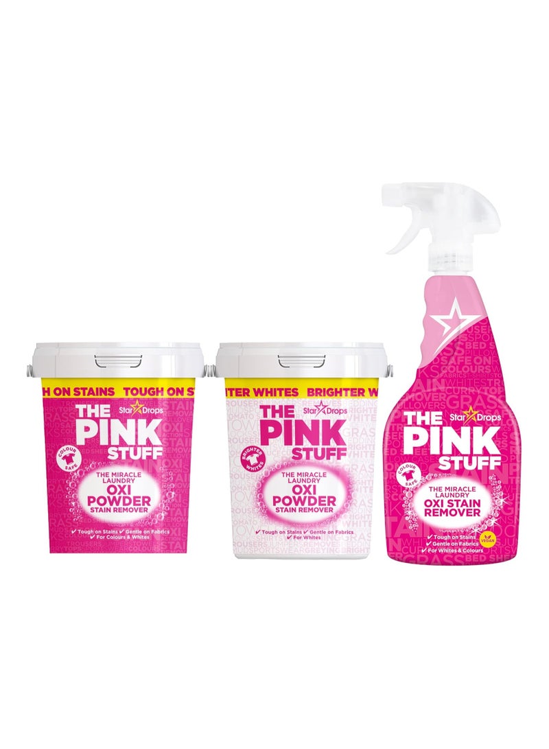 The Pink Stuff  The Miracle Laundry Stain Removing Kit Oxi Powder Whites Oxi Powder Colors Oxi Stain Remover Spray 1 White's Powder 1 Color's Powder 1 Stain Remover