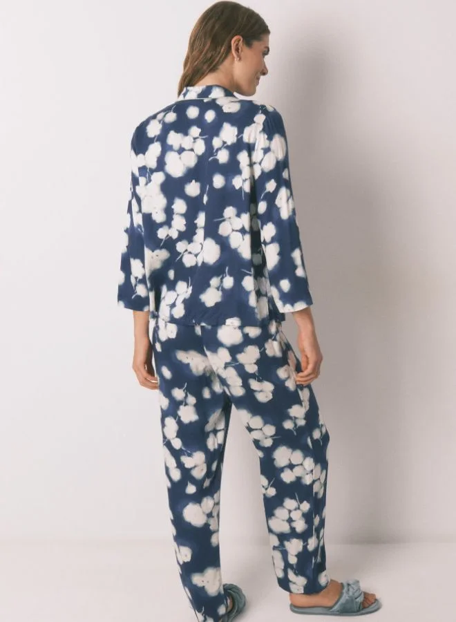 women'secret Long Blue Floral Viscose Classic Pyjamas