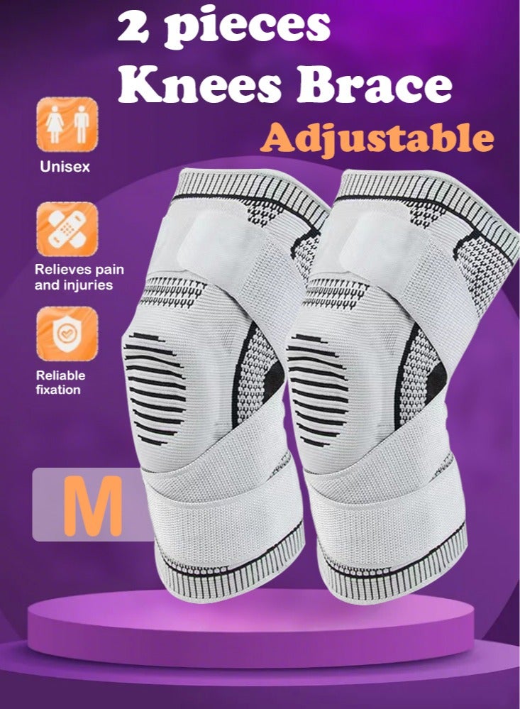 X spring 2-Piece Sports Knee Brace, Adjustable Sports Silicone Fitness Running Knee Brace, Unisex Bandage Compression Knee Brace (M, White) - Image 1