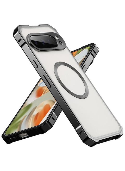 Case For Google Pixel 9 Pro Irregular Alloy Frame Fosted Translucent MagSafe Phone Case
