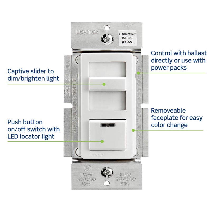 Leviton IllumaTech Dimmer Switch for 0-10V LED, Mark 7 Florescent Ballasts, wth LED Locator Light, IP710-DLZ, White with Ivory and Light Almond Faceplates - Image 3