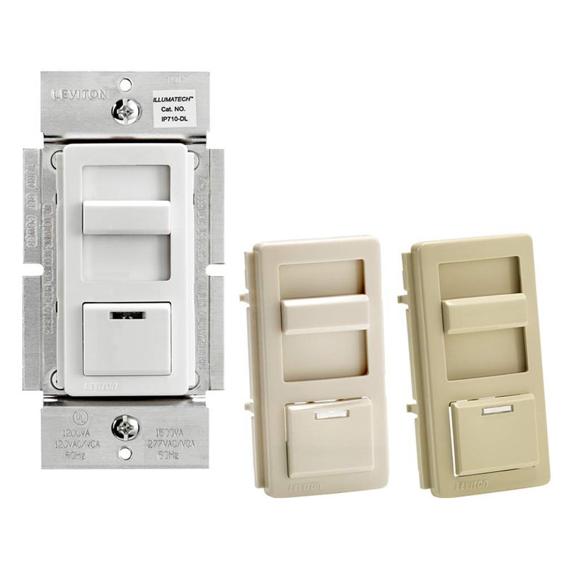 Leviton IllumaTech Dimmer Switch for 0-10V LED, Mark 7 Florescent Ballasts, wth LED Locator Light, IP710-DLZ, White with Ivory and Light Almond Faceplates - Image 1