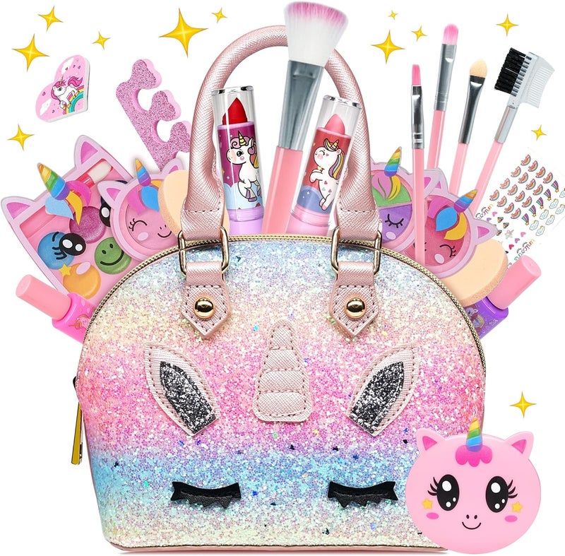ROKKES Kids Makeup Kit for Girls - 22 PCS Washable Make Up, Child Play Real Makeup Set, Non Toxic Toddlers Pretend Cosmetic Kits, Age 3-12 Years, Unicorn Theme, Girls' Makeup Set - Image 1
