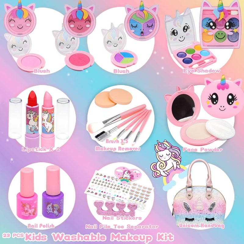 ROKKES Kids Makeup Kit for Girls - 22 PCS Washable Make Up, Child Play Real Makeup Set, Non Toxic Toddlers Pretend Cosmetic Kits, Age 3-12 Years, Unicorn Theme, Girls' Makeup Set - Image 2