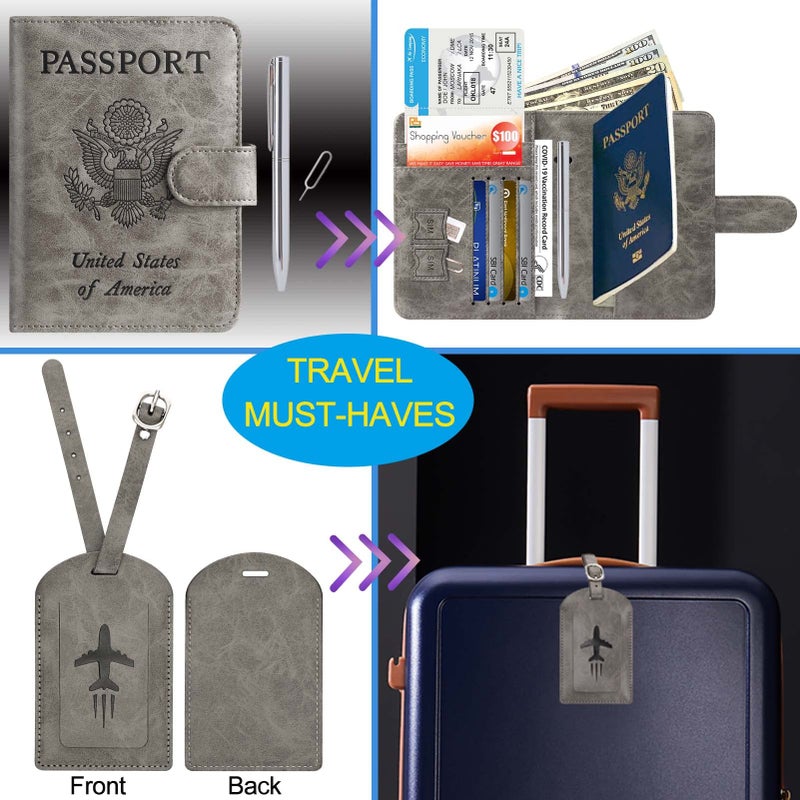 PASCACOO Passport Holder With Luggage Tag Cover Wallet RFID Blocking Leather Case Travel Essentials Accessories Travel Must Have(114#Grey) - Image 2