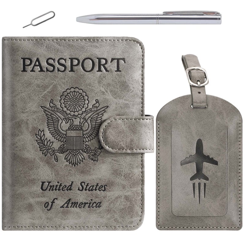 PASCACOO Passport Holder With Luggage Tag Cover Wallet RFID Blocking Leather Case Travel Essentials Accessories Travel Must Have(114#Grey) - Image 1