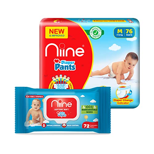 Niine Baby Diaper Pants Medium (M) Size| With Diaper Change Indicator | Pack of 1, 76 Count and Niine Baby Wipes Enriched with Vitamin E & Aloe Vera| Pack of 1, 76 count | Rash Control - Image 1