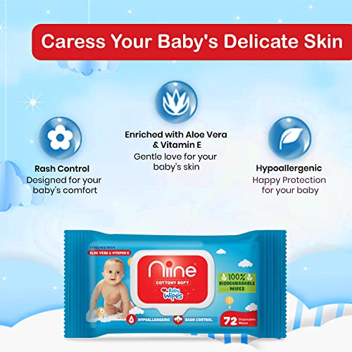 Niine Baby Diaper Pants Medium (M) Size| With Diaper Change Indicator | Pack of 1, 76 Count and Niine Baby Wipes Enriched with Vitamin E & Aloe Vera| Pack of 1, 76 count | Rash Control - Image 4