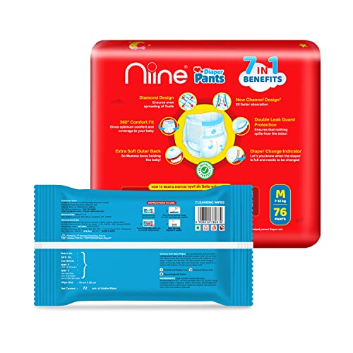 Niine Baby Diaper Pants Medium (M) Size| With Diaper Change Indicator | Pack of 1, 76 Count and Niine Baby Wipes Enriched with Vitamin E & Aloe Vera| Pack of 1, 76 count | Rash Control - Image 2