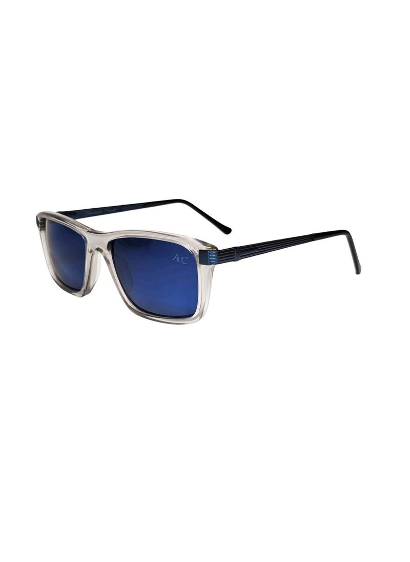 Armando Cavelli - Authentic Armando Cavelli sunglasses, crafted from carefully selected premium acetate for a luxurious look and longevity with extensive use. This model combines modernity and classic style, with a raw transparent light grey acetate front and blue -plated metal temples to complete your luxury look. Comes with premium polymer lenses offer UV400 protection in a blue. - Image 1