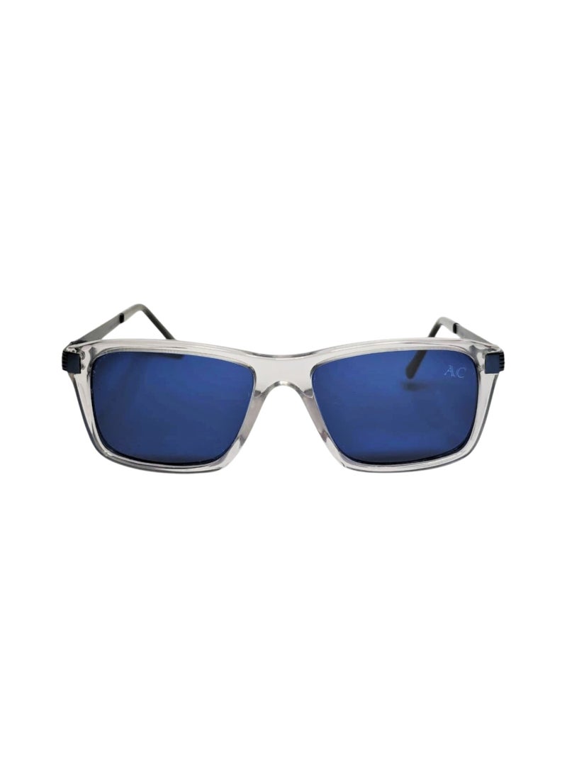Armando Cavelli - Authentic Armando Cavelli sunglasses, crafted from carefully selected premium acetate for a luxurious look and longevity with extensive use. This model combines modernity and classic style, with a raw transparent light grey acetate front and blue -plated metal temples to complete your luxury look. Comes with premium polymer lenses offer UV400 protection in a blue. - Image 1