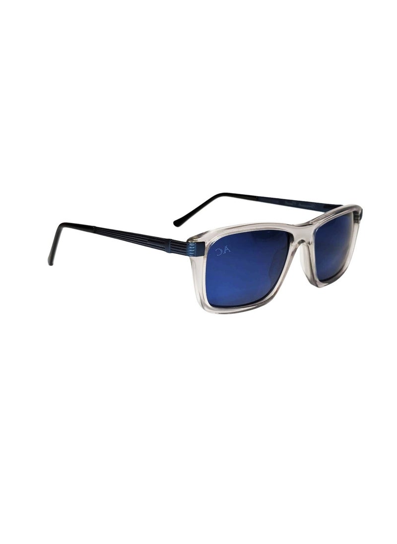 Armando Cavelli - Authentic Armando Cavelli sunglasses, crafted from carefully selected premium acetate for a luxurious look and longevity with extensive use. This model combines modernity and classic style, with a raw transparent light grey acetate front and blue -plated metal temples to complete your luxury look. Comes with premium polymer lenses offer UV400 protection in a blue. - Image 1