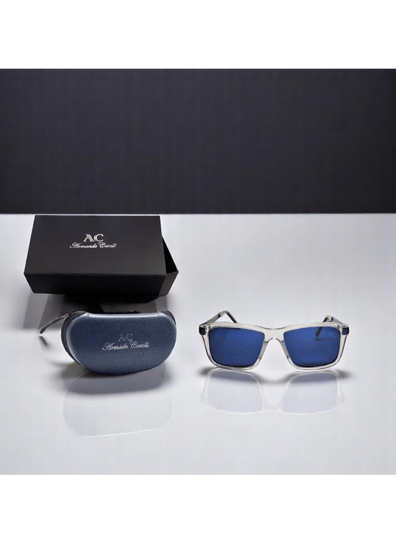 Armando Cavelli - Authentic Armando Cavelli sunglasses, crafted from carefully selected premium acetate for a luxurious look and longevity with extensive use. This model combines modernity and classic style, with a raw transparent light grey acetate front and blue -plated metal temples to complete your luxury look. Comes with premium polymer lenses offer UV400 protection in a blue. - Image 1