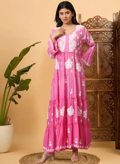 Alaya Hand Embroidered Chikankari A-Line Gathering Pattern Muslin Jalabiya-AL4003