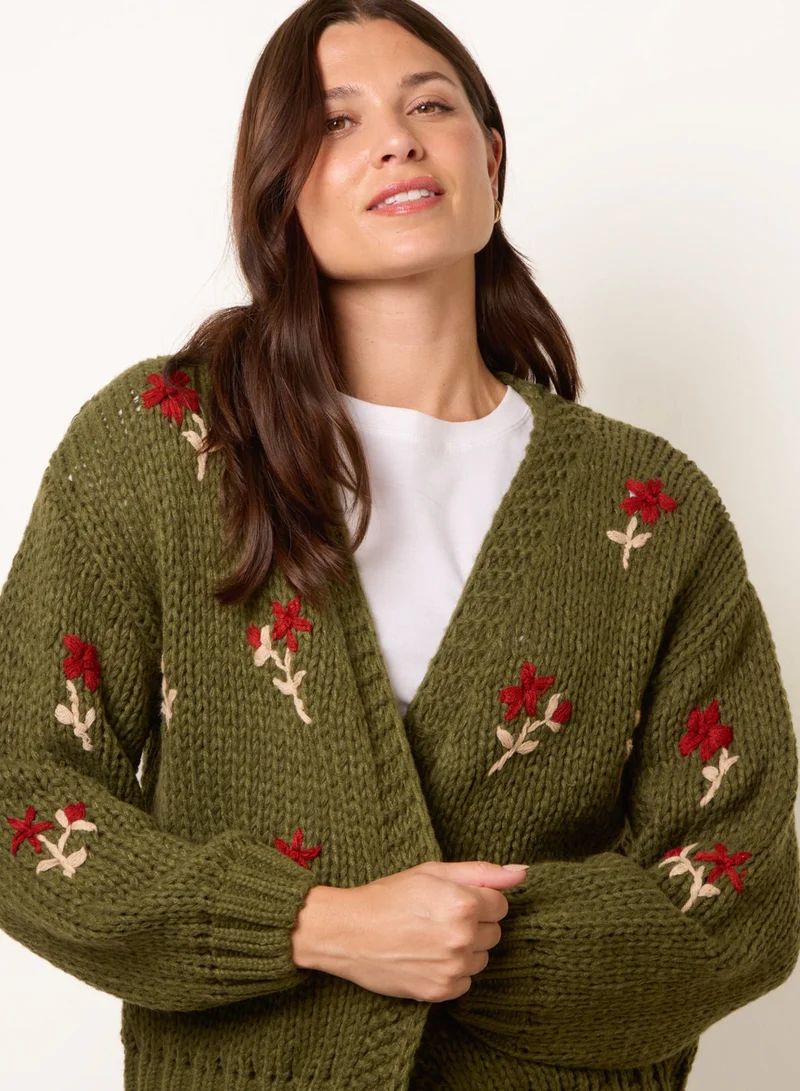 Blue Vanilla Flower Embroidery Detailed Cardigan