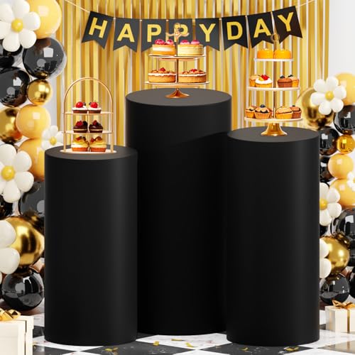 ROMANKAS Set of 3 Cylinder Covers Black Cylinders Pedestal Plinth Display Stand Cover Spandex Round Pedestal Covers for Party Pedestal Stand Cover for Wedding Party Ceremony Decorations - Image 2