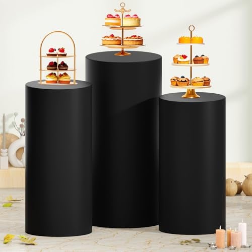 ROMANKAS Set of 3 Cylinder Covers Black Cylinders Pedestal Plinth Display Stand Cover Spandex Round Pedestal Covers for Party Pedestal Stand Cover for Wedding Party Ceremony Decorations - Image 5