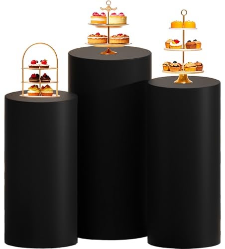 ROMANKAS Set of 3 Cylinder Covers Black Cylinders Pedestal Plinth Display Stand Cover Spandex Round Pedestal Covers for Party Pedestal Stand Cover for Wedding Party Ceremony Decorations - Image 1