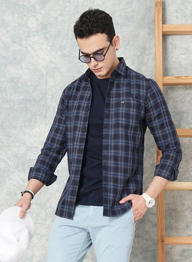 The Indian Garage Co Men Slim Fit Checkered Full Sleeves Cutaway Collar Casual Shirt