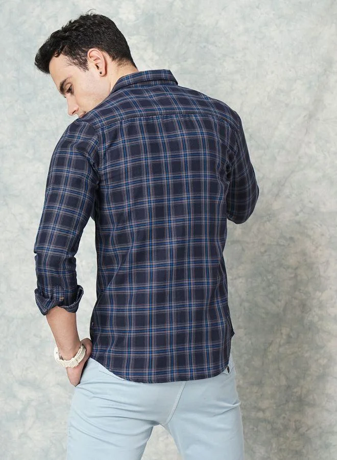 The Indian Garage Co Men Slim Fit Checkered Full Sleeves Cutaway Collar Casual Shirt