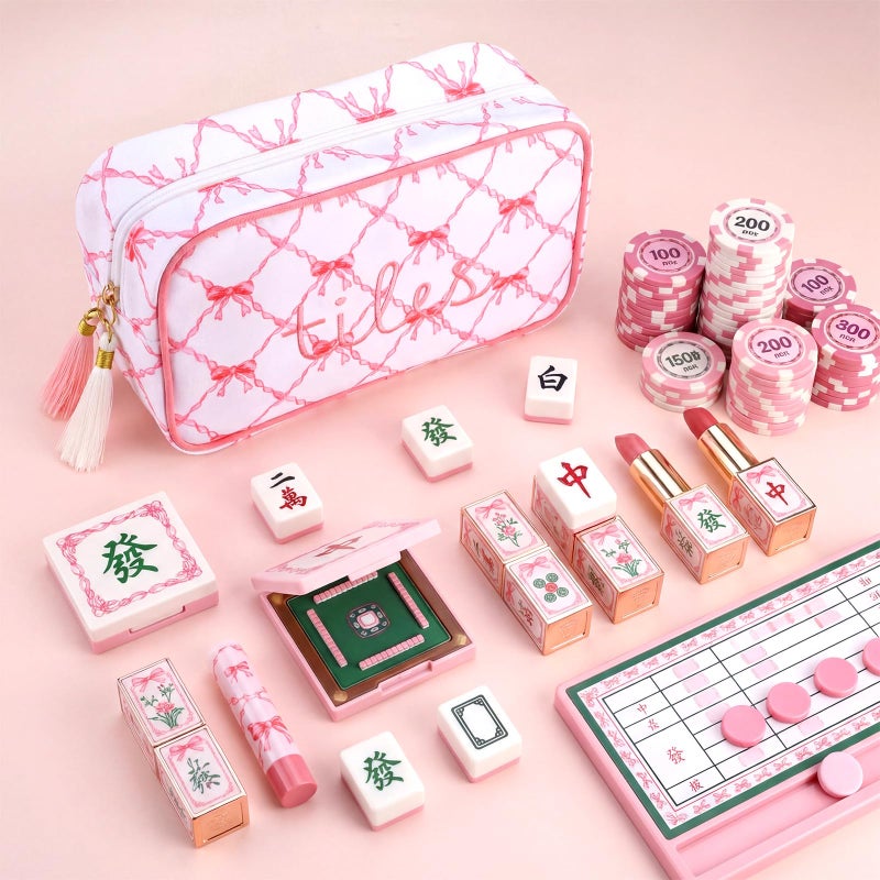 Sanwuta Mahjong Tile Bag With Zipper  Mahjong Bags For Tiles And Racks Mah Jong Storage Pouch For Board Game Pieces Game Party Travel Gatherings Accessories  9.4 X 6.1 X 3.1 Inch(Pink Bow) - Image 4