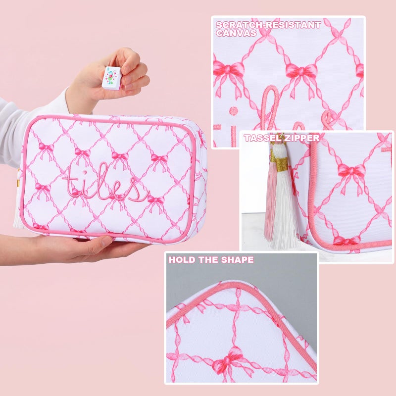 Sanwuta Mahjong Tile Bag With Zipper  Mahjong Bags For Tiles And Racks Mah Jong Storage Pouch For Board Game Pieces Game Party Travel Gatherings Accessories  9.4 X 6.1 X 3.1 Inch(Pink Bow) - Image 3