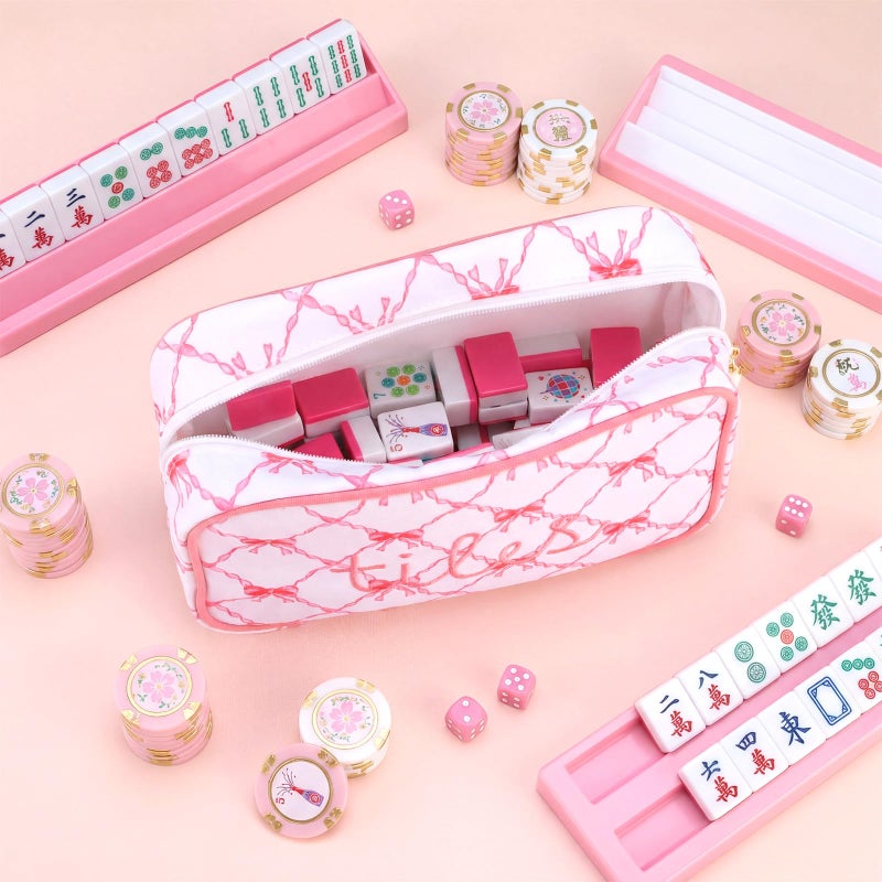 Sanwuta Mahjong Tile Bag With Zipper  Mahjong Bags For Tiles And Racks Mah Jong Storage Pouch For Board Game Pieces Game Party Travel Gatherings Accessories  9.4 X 6.1 X 3.1 Inch(Pink Bow) - Image 5
