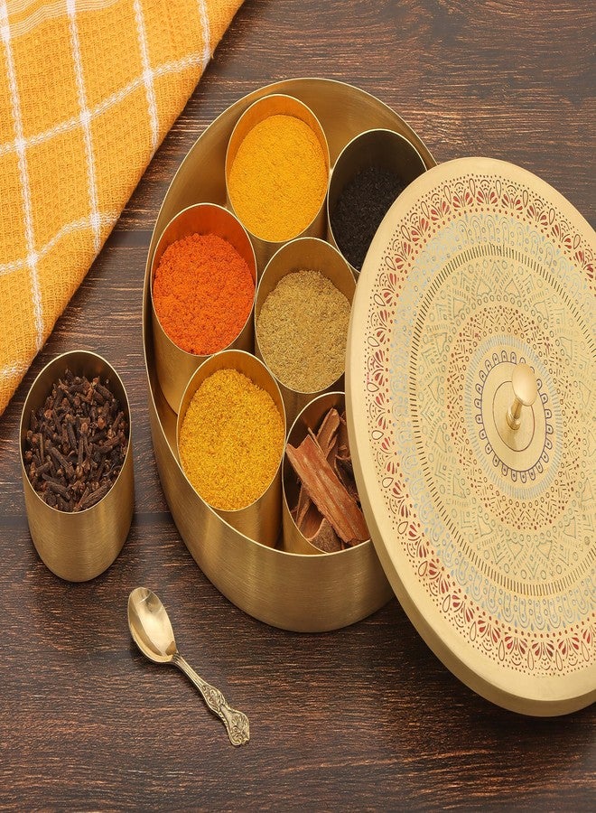 AKSHATA (10 Handcrafted Brass Masala Box for Kitchen with Spoon (7 Containers, 40 ML) - Brass Spice Box for Kitchen - Species Container 1 Set - Image 1