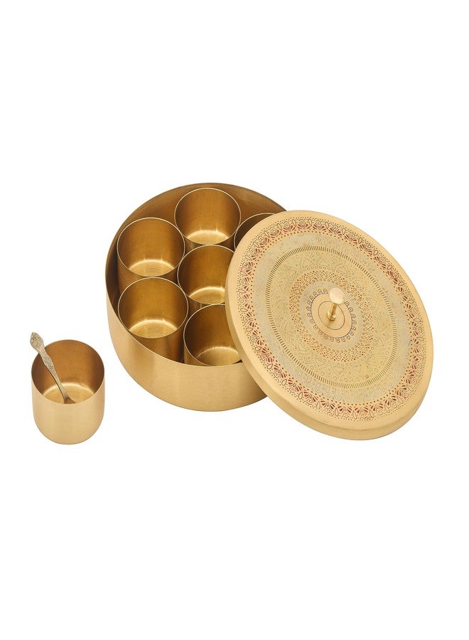 AKSHATA (10 Handcrafted Brass Masala Box for Kitchen with Spoon (7 Containers, 40 ML) - Brass Spice Box for Kitchen - Species Container 1 Set - Image 4