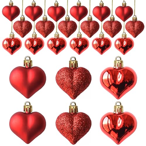 Tindobewan 24Pcs Heart Ornaments Multi Finish Heart Baubles Hanging Ornaments for Valentine’s Day Decor Mother's Day Christmas Tree Wedding Anniversary Party Decoration(Red) - Image 1