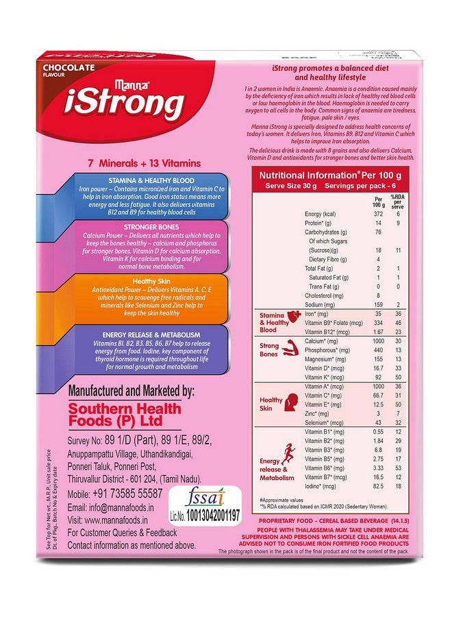 Manna iStrong, Clinically proven to fight Anemia, Nutrition Drink Iron Supplement for Women, Chocolate 200g, Powder - Image 2