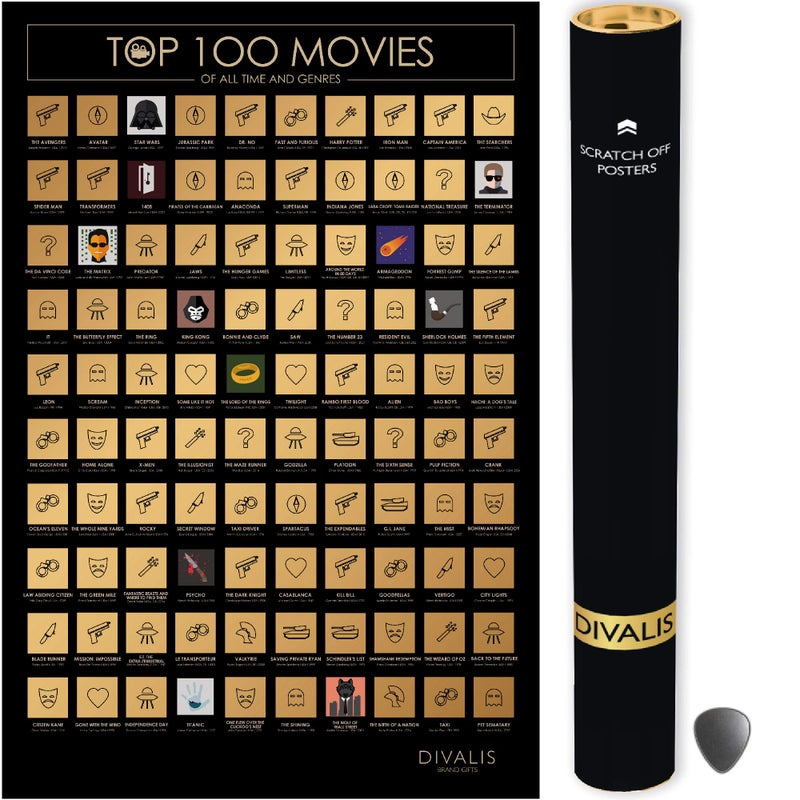 Divalis Top 100 Movies Scratch Off Poster - Easy to Frame Bucket List of Greatest Films to Watch - Scratchable Cinema Checklist Poster - Must See Movie Challenge Calendar - Image 1