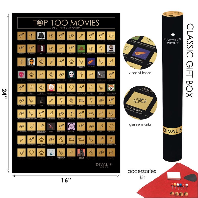 Divalis Top 100 Movies Scratch Off Poster - Easy to Frame Bucket List of Greatest Films to Watch - Scratchable Cinema Checklist Poster - Must See Movie Challenge Calendar - Image 3