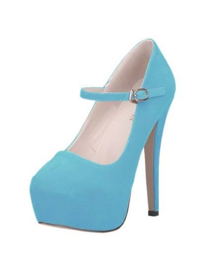 Loquat Flannel Round-Toe Deep-Vamp Waterproof Platform Stiletto High Heels 14cm Light Blue  - Image 1