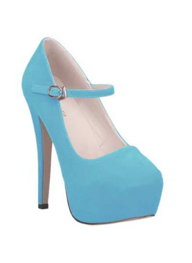 Loquat Flannel Round-Toe Deep-Vamp Waterproof Platform Stiletto High Heels 14cm Light Blue  - Image 2