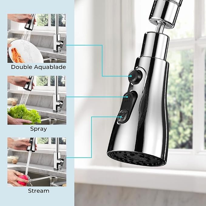 Kresal Kitchen Faucet Head Replacement 3Function Pull Down Sink Sprayer Attachment for Faucet Pull Out Spray Head for Kitchen 360 Rotating Faucet Head for Kitchen Sink - Image 5