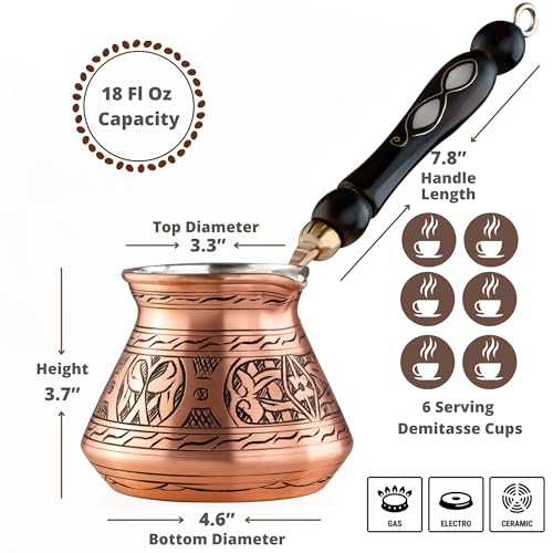 BCS 18 Oz X-Large Copper Turkish Greek Arabic Coffee Pot with Wooden Handle (6 servings) Cezve Ibrik Briki Stovetop Coffee Maker (Includes Wooden Spoon) - Image 2