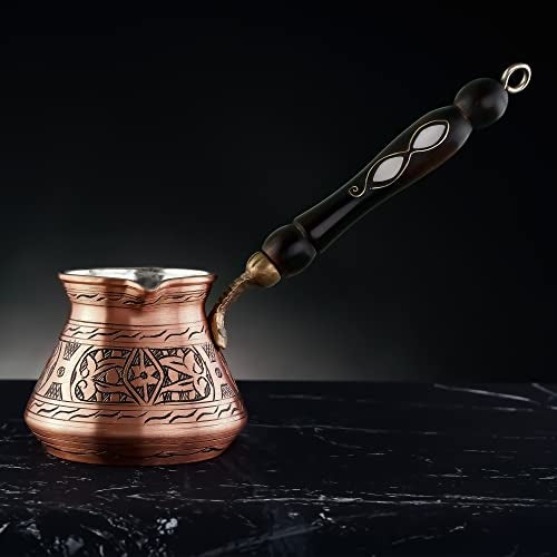 BCS 18 Oz X-Large Copper Turkish Greek Arabic Coffee Pot with Wooden Handle (6 servings) Cezve Ibrik Briki Stovetop Coffee Maker (Includes Wooden Spoon) - Image 4