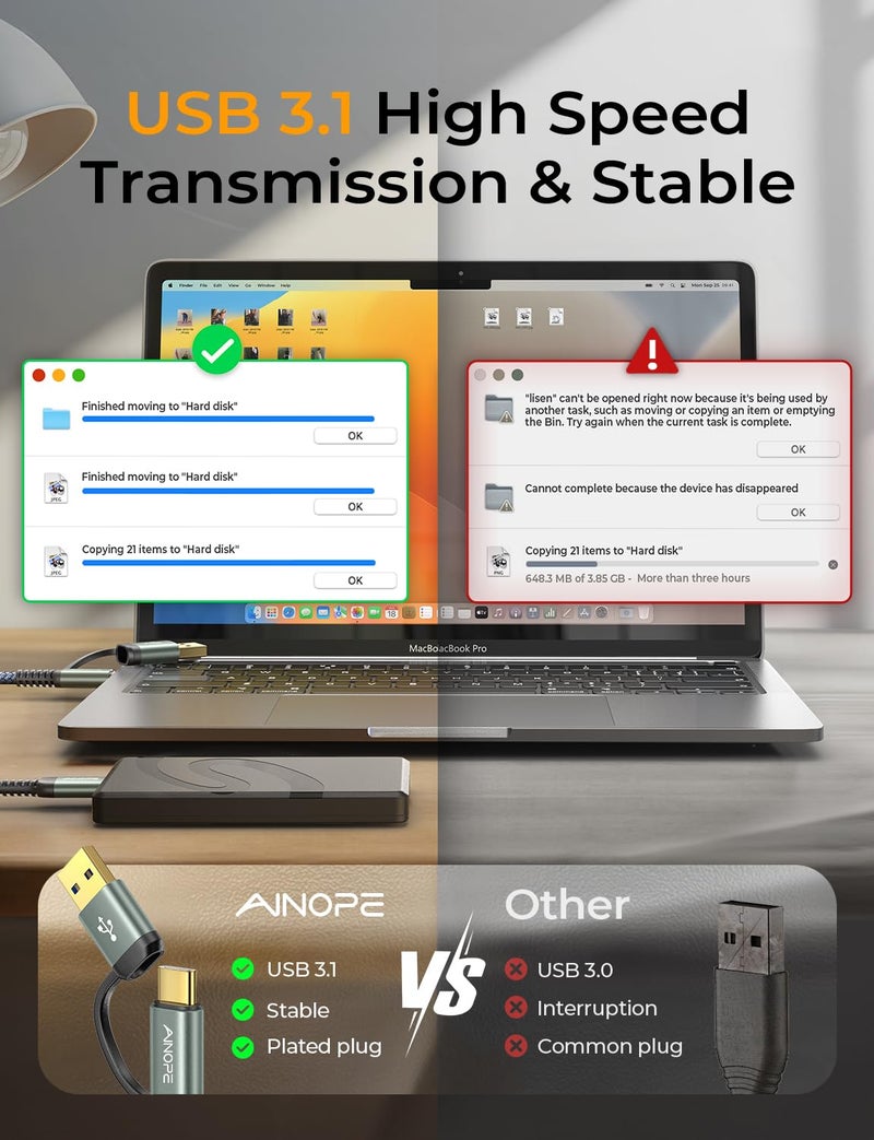 AINOPE 10Gbps Micro B to USB C, 1.5FT External Hard Drive Cable, Nylon Braided Hard Drive Cable, Compatible with MacBook Pro/Air, Tablet/iPad, WD Seagate Toshiba Westgate, Samsung Galaxy S25 - Image 3