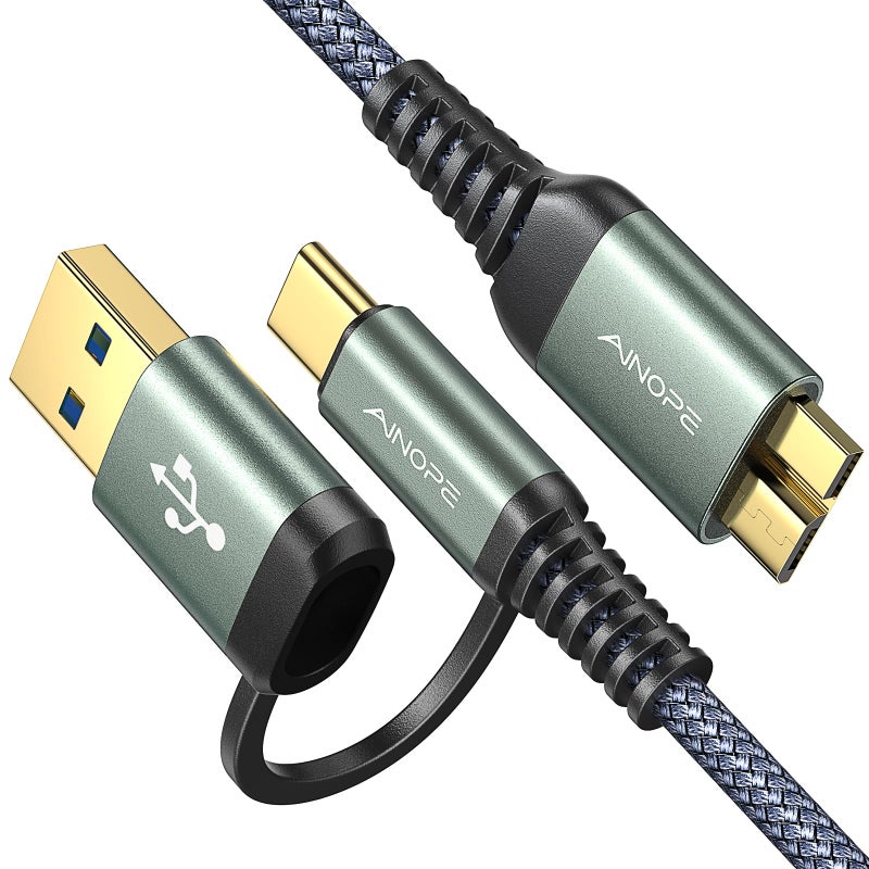 AINOPE 10Gbps Micro B to USB C, 1.5FT External Hard Drive Cable, Nylon Braided Hard Drive Cable, Compatible with MacBook Pro/Air, Tablet/iPad, WD Seagate Toshiba Westgate, Samsung Galaxy S25 - Image 1