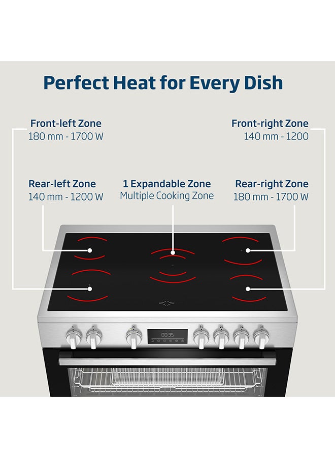 Beko 90X60cm Freestanding Ceramic Electric Cooker, 5 Cooking Zones(1 Expandable), 8 Cooking Multifunction Oven, 111 liters Oven Capacity, A+ Energy Rating, LED Touch Display Timer, SteamShine Cleaning Oven, Halogen Illumination BGM 30203 EX Stainless Steel - Image 3