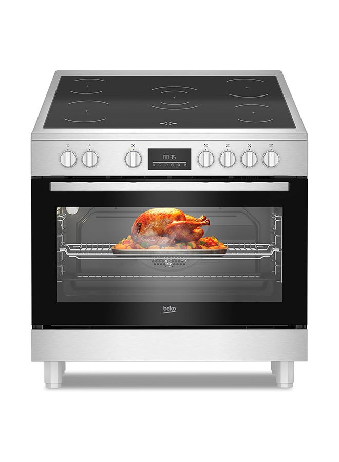 Beko 90X60cm Freestanding Ceramic Electric Cooker, 5 Cooking Zones(1 Expandable), 8 Cooking Multifunction Oven, 111 liters Oven Capacity, A+ Energy Rating, LED Touch Display Timer, SteamShine Cleaning Oven, Halogen Illumination BGM 30203 EX Stainless Steel - Image 1