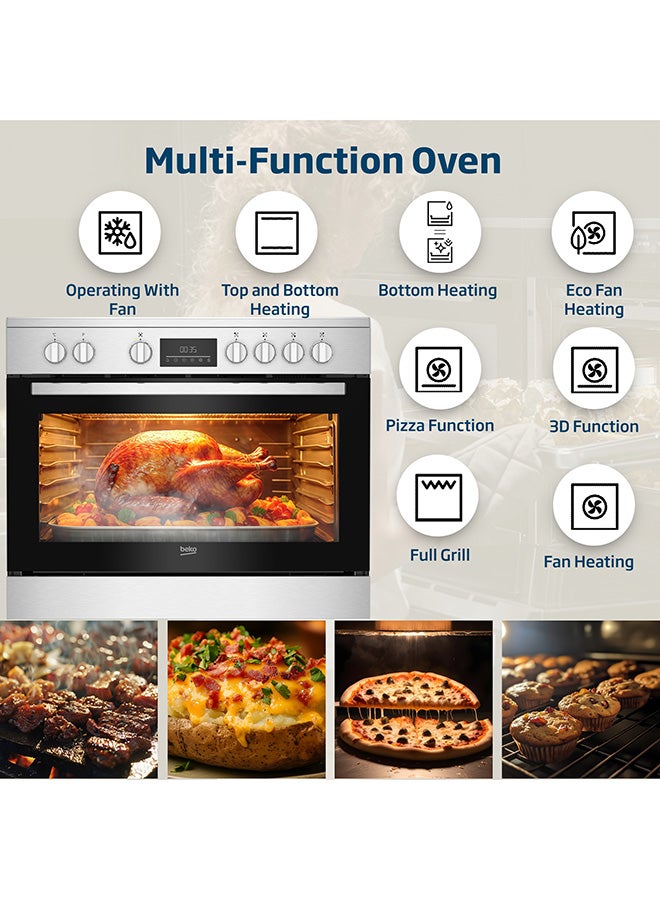 Beko 90X60cm Freestanding Ceramic Electric Cooker, 5 Cooking Zones(1 Expandable), 8 Cooking Multifunction Oven, 111 liters Oven Capacity, A+ Energy Rating, LED Touch Display Timer, SteamShine Cleaning Oven, Halogen Illumination BGM 30203 EX Stainless Steel - Image 4