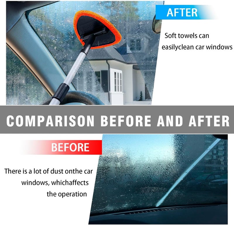 Couslcd Windshield Cleaner Tool - Portable Car Interior Window Cleaning Kit with Extendable Handle, 4 Microfiber Towel Pads, Auto Glass Wiper for Windshield, Universal for RV, SUV, Truck (Orange) - Image 3