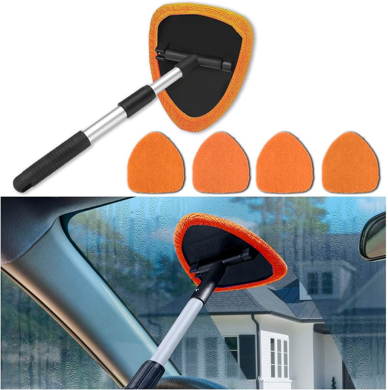 Couslcd Windshield Cleaner Tool - Portable Car Interior Window Cleaning Kit with Extendable Handle, 4 Microfiber Towel Pads, Auto Glass Wiper for Windshield, Universal for RV, SUV, Truck (Orange) - Image 1
